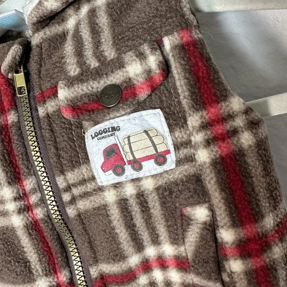 Kids Play 12M Plaid‎ Fleece Vest Brown Red Logging Truck Patch Lumberjack
